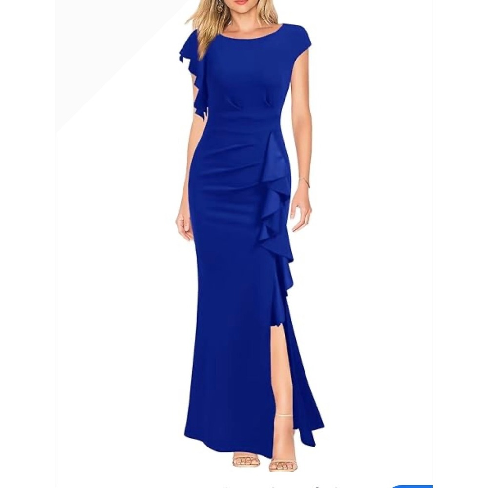 Cap Sleeve Ruffle Maxi Dress in Royal Blue